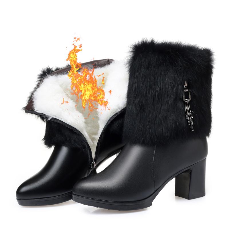 Winter leather women's boots high-heeled model catwalk boots rabbit fur mouth women's cotton boots thick heel cowhide short boots women's wool