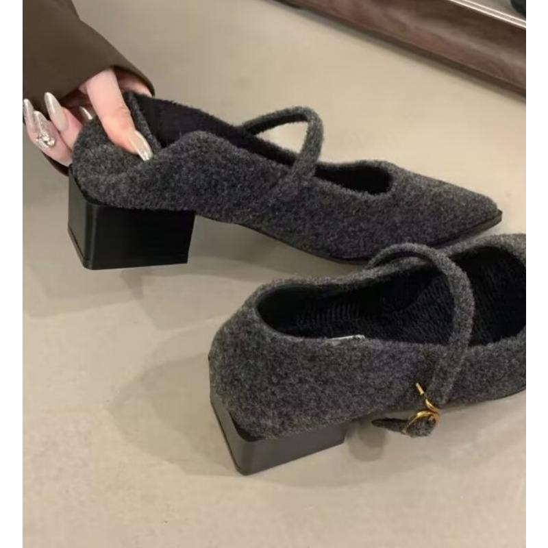 2026 New Winter Cotton Women Mary Jane Shoes Fashion Shallow Pointed Toe Shoes Concise Square Heels Shoes Luxury Low Heel
