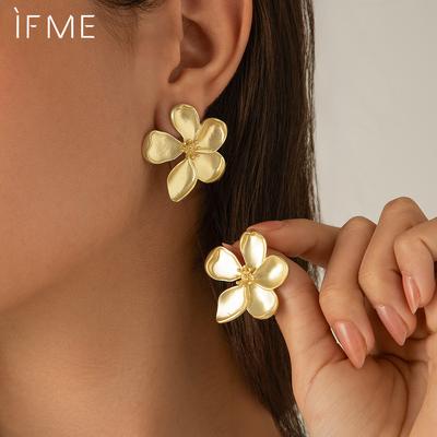 2PCS Exaggerated  Metal Flower Stud Earrings For Women's Daily Wear Fashion Gold Color Jewelry Gifts