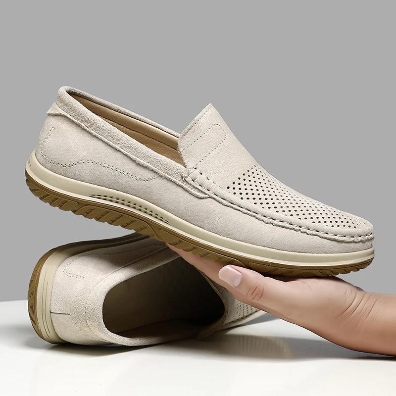Fashion Summer New Men Shoes Genuine Leather Light Colour Loafers Men Breathable Hollow Out Flats Man Casual Slip on Driving Shoes Men