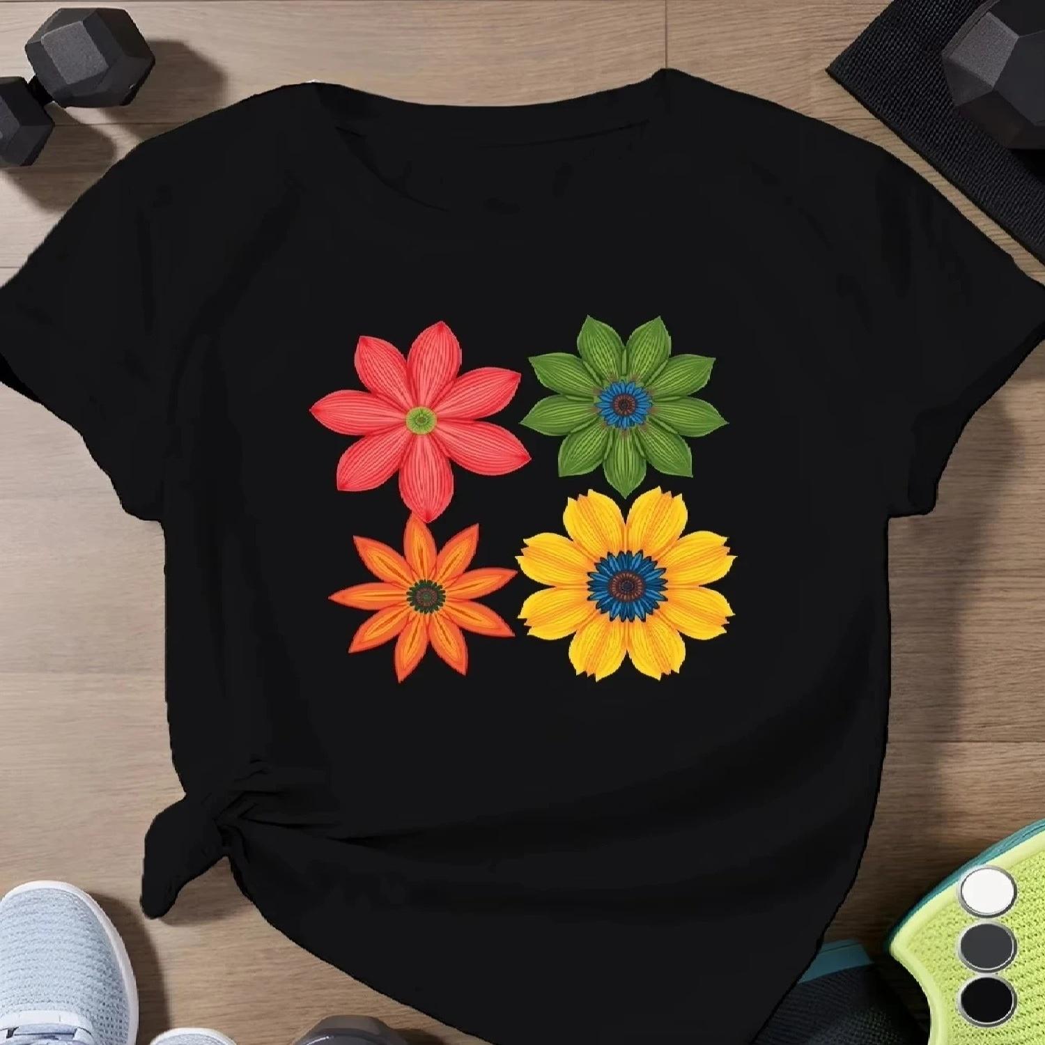 Women s Top Short Sleeved Round Neck Casual Women s Summer Clothing Four Colorful Flowers Creatively Printed Summer New S чёрный
