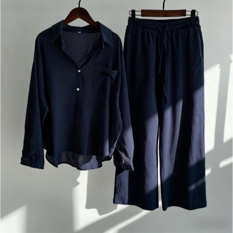 Spring Fashion Plus Size Women's Two-Piece Set: Cotton Linen Shirt & High-Waisted Loose Trousers