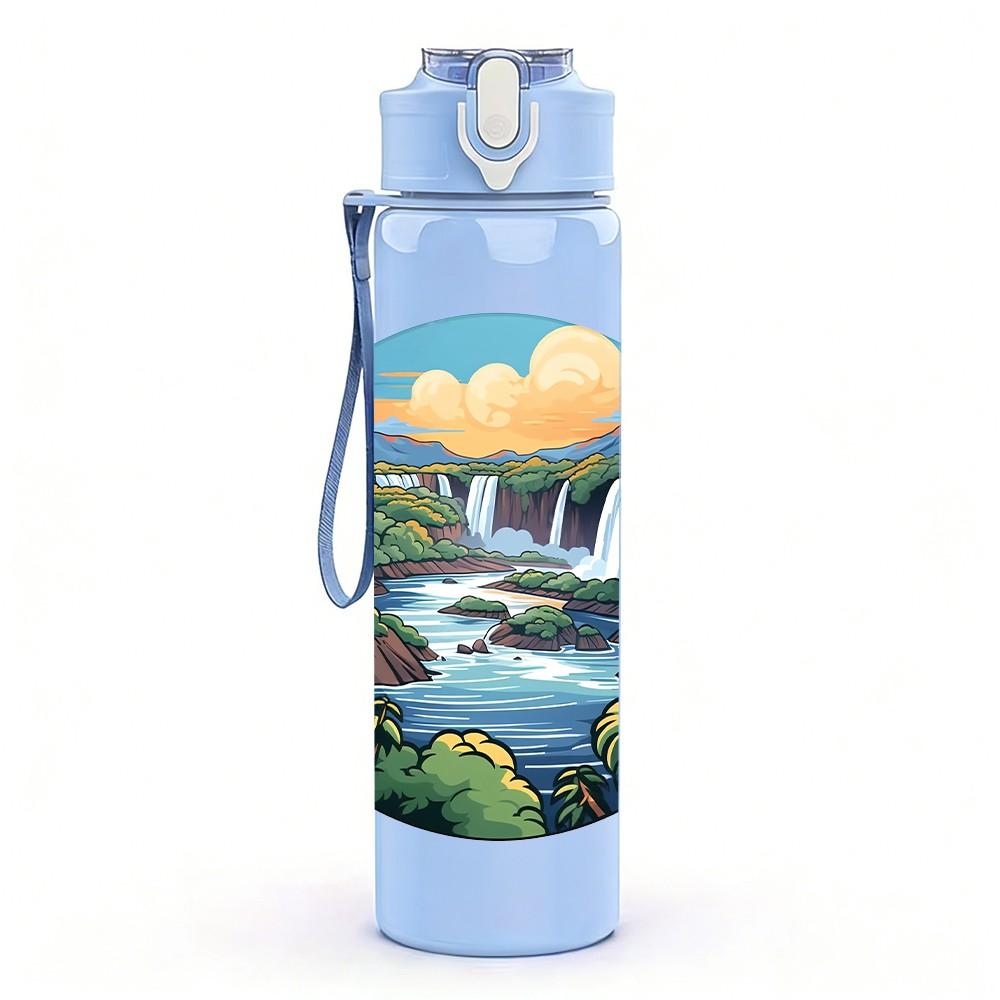 1PC Waterfall Mountain River Landscape Print 750ml Color Plastic Sports Water Bottle Leakproof Flip Straw Lid Suitable for Sports Office Home Use