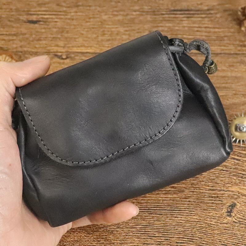 Hand Painted Vegetable Tanned Leather Coin Purse for Women, Vintage Chinese Style Layered Cowhide Leather Key Bag, Headphone Storage Bag