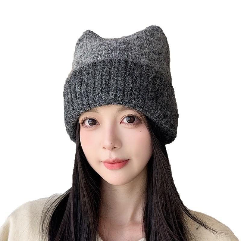 Cute Cat Ear Knitted Hats Big Head Girdles  Warm Woolen Hats That Show Off The Face  Small Pullover Hats  and The Cold Hat Trend In Autumn and Winter