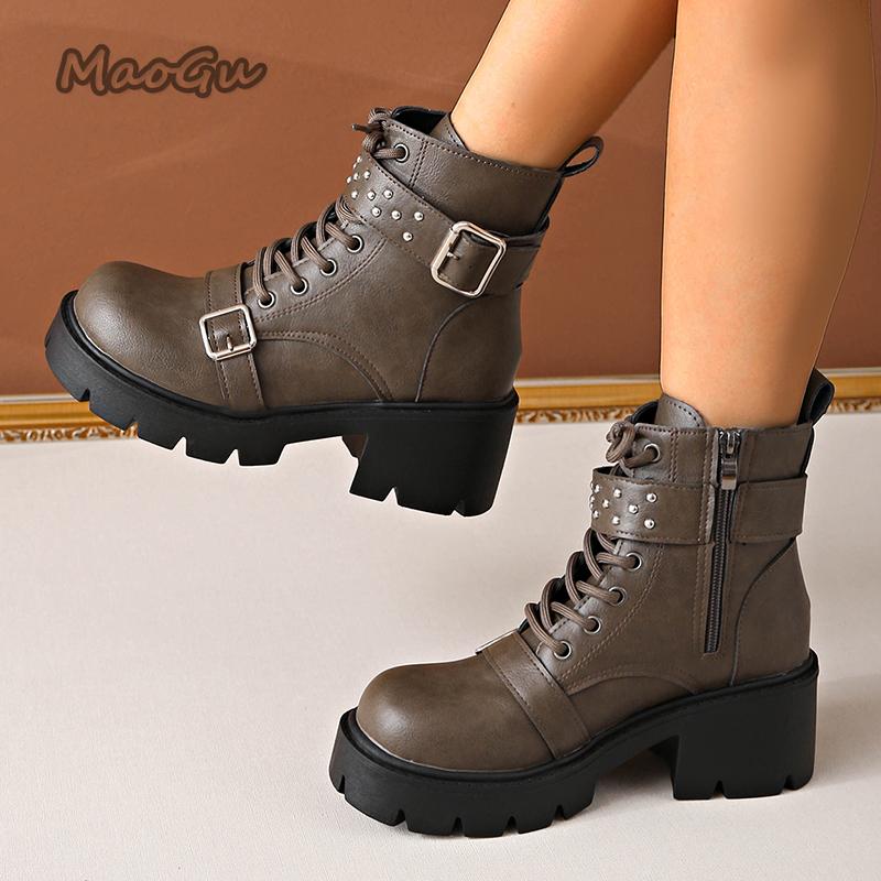Platform Ankle Boots for Women Autumn Chunky Heel Lace Up Black Short Boots Women Buckle Strap Rivets Motorcycle Booties Size 35