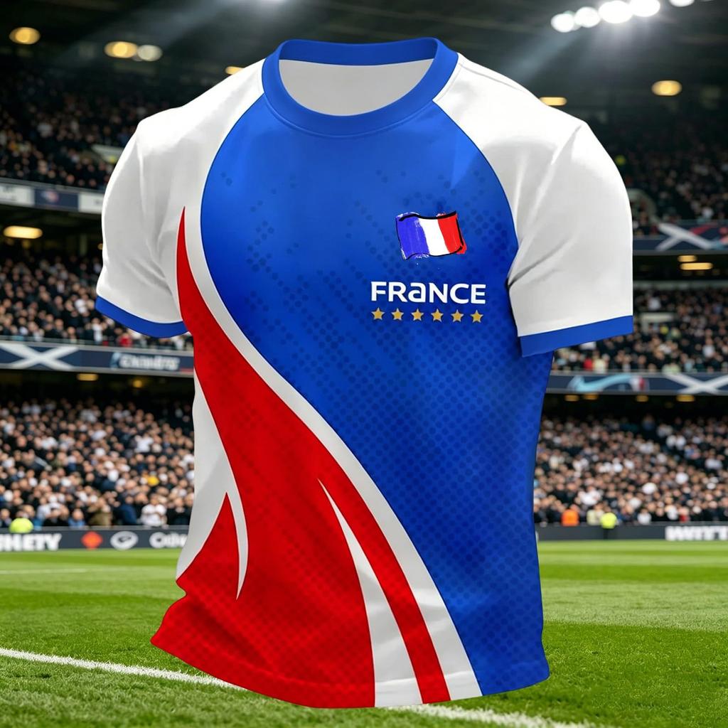 Men's Casual Crew Neck Short Sleeve Pullover T-Shirt Football Fan Jersey World Cup Supporter Top France Design