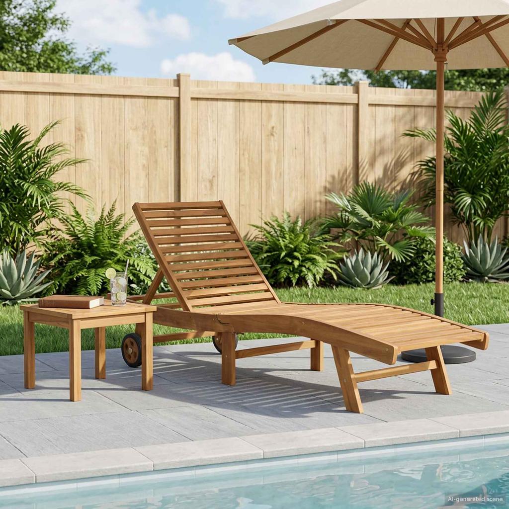 Brown Teak Solid Wood Sun Lounger