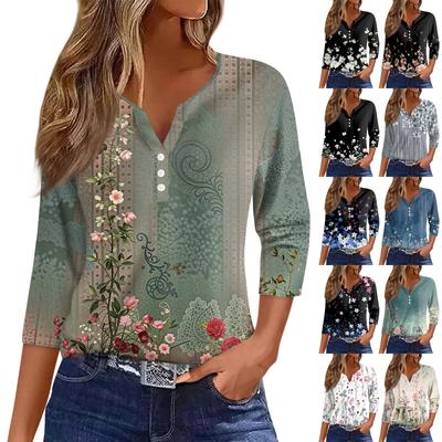 Damen T-Shirt Bedruckt Knopfleiste 3/4 Ärmel Tunika Alltag Wochenendmode Basic V-Ausschnitt Normales Oberteil