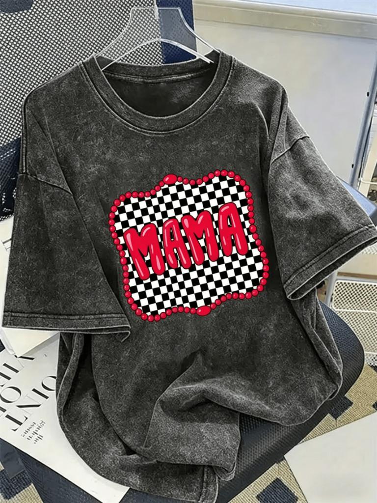 Checkered MAMA Bubble Letter Graphic TShirt Oversized Retro Washed Tee for Women Travel Daily Vacation Casual Street Outfits