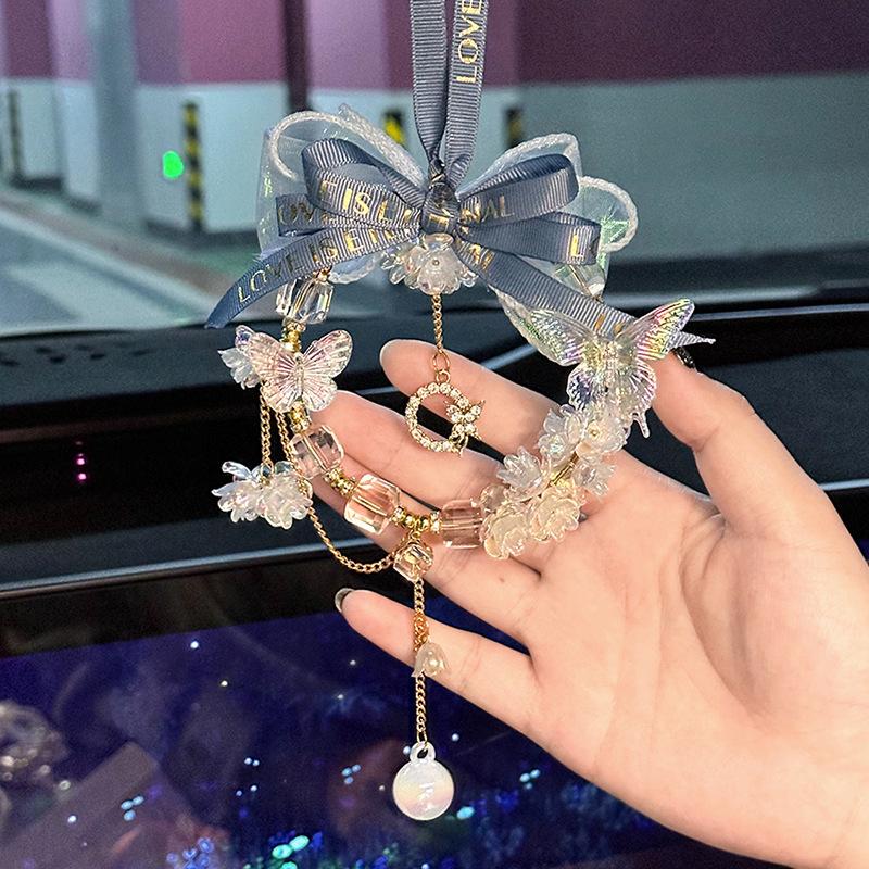Pendentif de Voiture Créatif en Forme de Nœud, Pendentif Décoratif Intérieur Rétroviseur pour Femme, Décoration Suspendue de Voiture à la Mode bleu