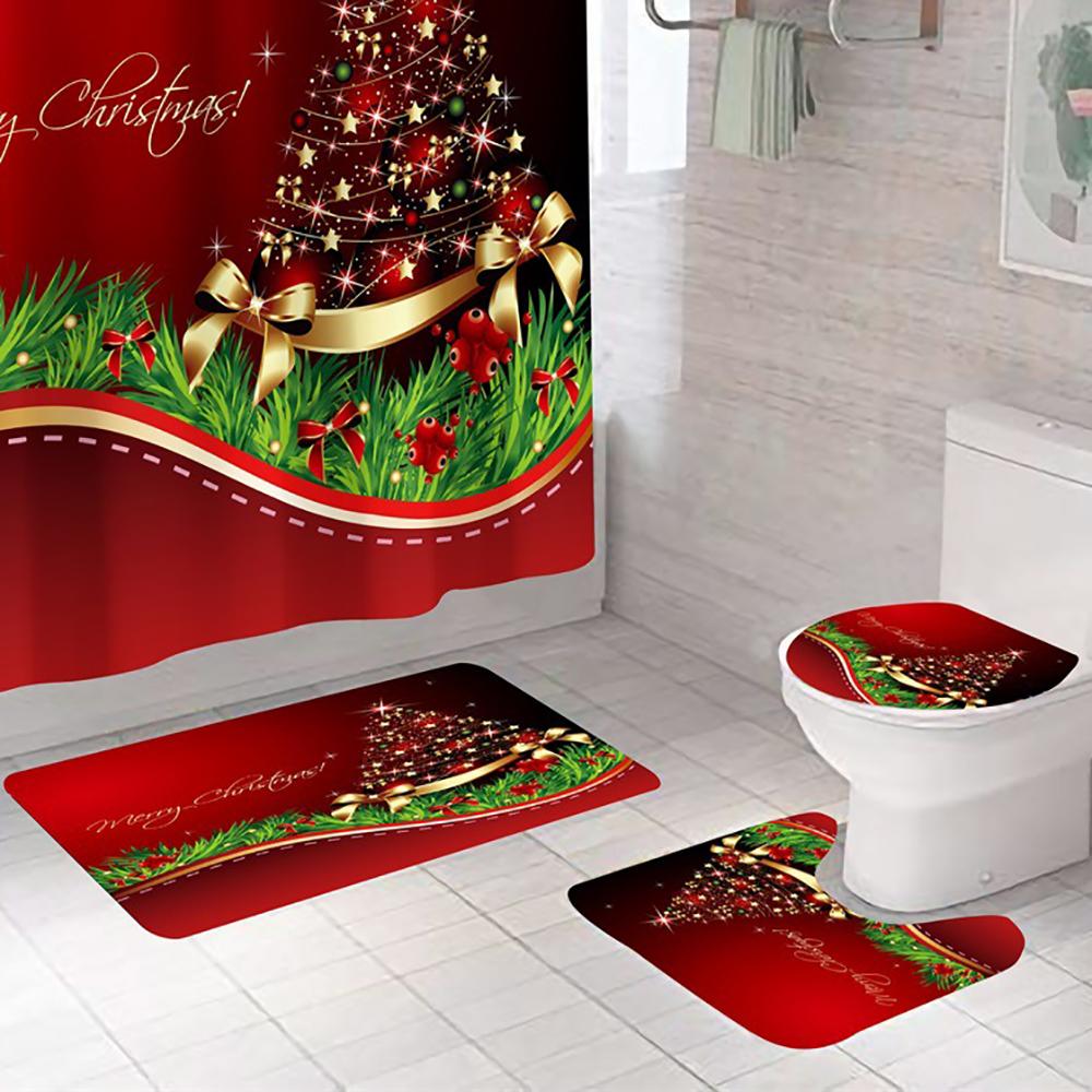 3X Christmas Bathroom Rug Set Non-Slip Bath Mat Toilet Lid Cover Christmas Decor