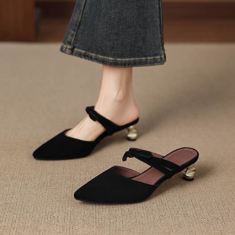 Krazing Pot Suede Butterfly-knot Mules Strange Style Med Heels Summer Size 42 Pointed Toe Slip on Women Shallow Pumps