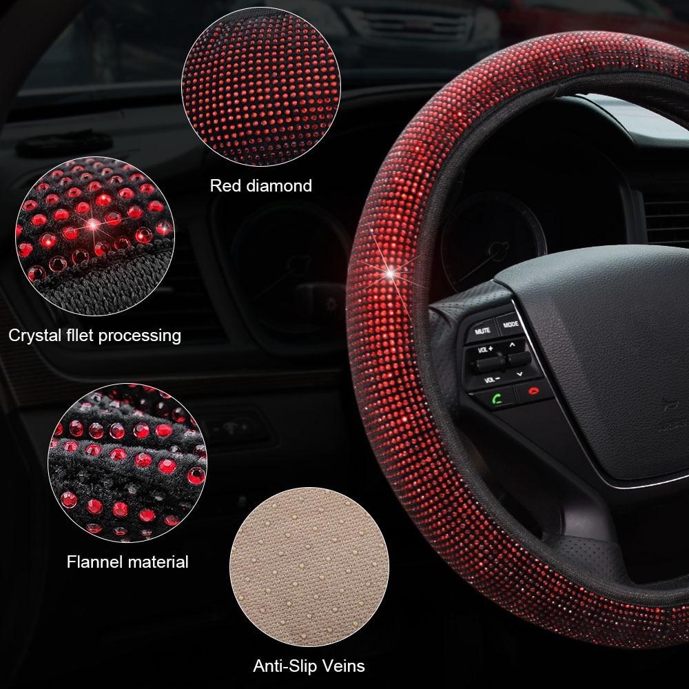38cm Bling Rhinestones Steering Wheel Cover for Women Girl with Crystal Diamond Sparkling Car SUV Breathable Anti-Slip Universal Steering Wheel Covers