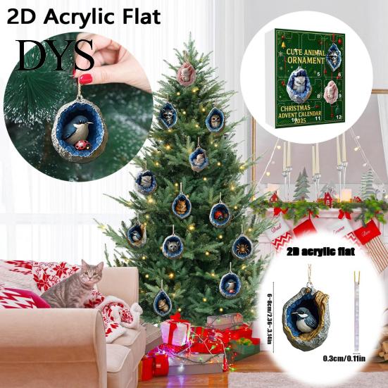 Christmas Advent Calendar Geode Animal 2025 2D Acrylic Forest Animals Tree Hanging Charms Xmas Ornaments 12 Days Countdown for Holiday Decor Gifts