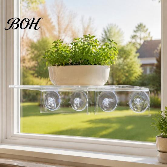 Floating Potted Plant Stands Window Suction Cup Storage Rack, Clear Acrylic Shelf with Microgreen Growing Trays Strong Adsorption, Stand for