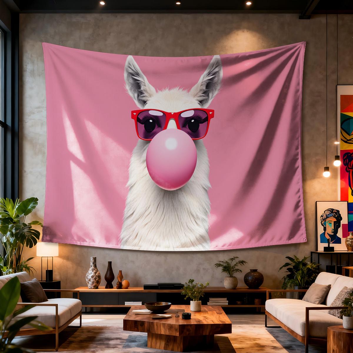 

Llama Bubble Tapestry Pink Background Red Glasses Fun Animal Art Polyester 5161 in for Bedroom or Dorm 74x94cm(29x37in)