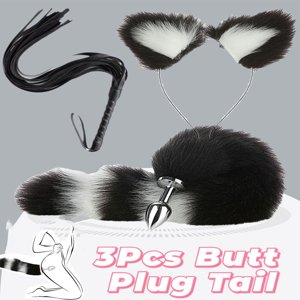Anal Plug Tail Fox Sex Toys for Women 3Pcs Long Tail Fox Plug With Flirt Whip Plush Ears Erotic Cosplay SM Toys for Couples