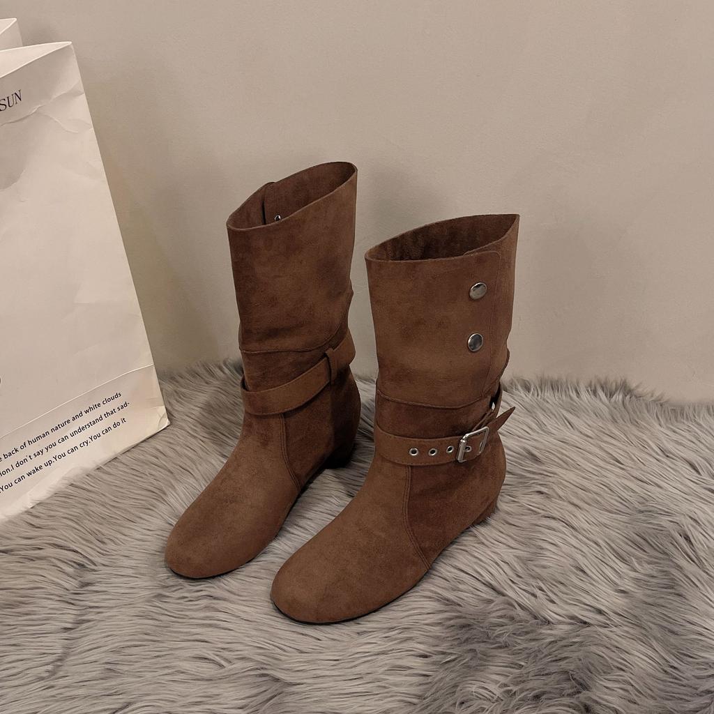 Suede retro belt buckle thick heel western cowboy boots women's spring and autumn new fashion versatile fashion boots