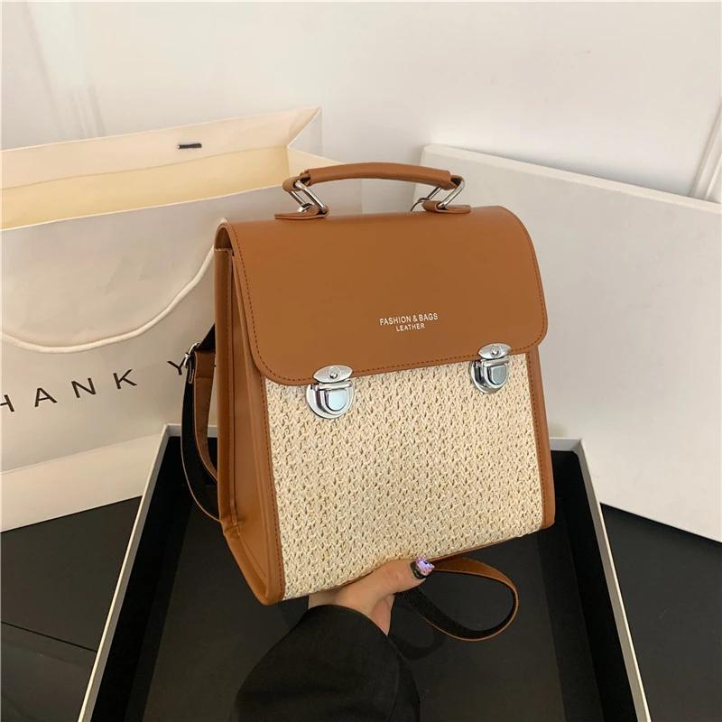 Female PU and Straw Backpack  Versatile Shoulder and Crossbody Bags  Simple Fashion  High Quality  New Style