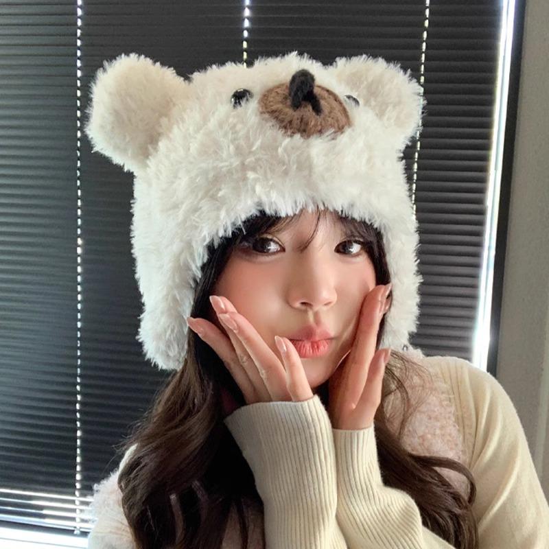 Korean Cartoon Bear Ear Plush Knitted Cap for Women's Autumn and Winter New Style Cute Warm and Versatile Pullover Cap