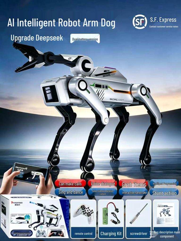 Smart AI Robot Dog with Voice Dialogue, Remote Control, Call Function, Item Pickup & Cannonball Shooter