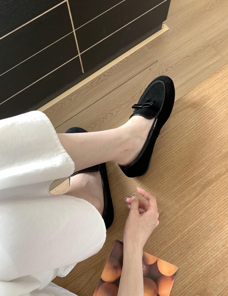 Sheepskin version inner height increase single shoes women's shoes bow white loafers women's versatile suede one-pedal small leather shoes
