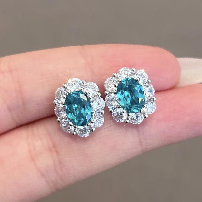 Zhuozhifan S925 Sterling Silver Paraiba Oval Stud Earrings for Women - Fashionable, Versatile, Everyday Jewelry. 925 Sterling Silver