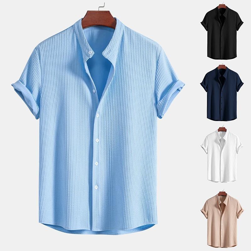 Men's Short Sleeve Solid Color Button Down Shirt Stand Collar Top