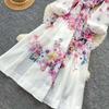 Summer New Pink Flower Print Chiffon Maxi Dress Women Long Lantern Sleeve Tiered Ruffle Long Dress Elegant Party Evening Dress