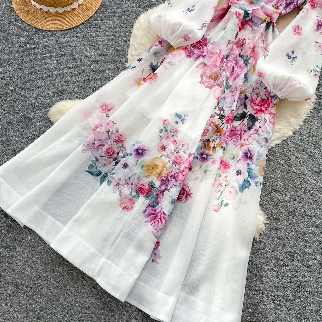 Summer New Pink Flower Print Chiffon Maxi Dress Women Long Lantern Sleeve Tiered Ruffle Long Dress Elegant Party Evening Dress