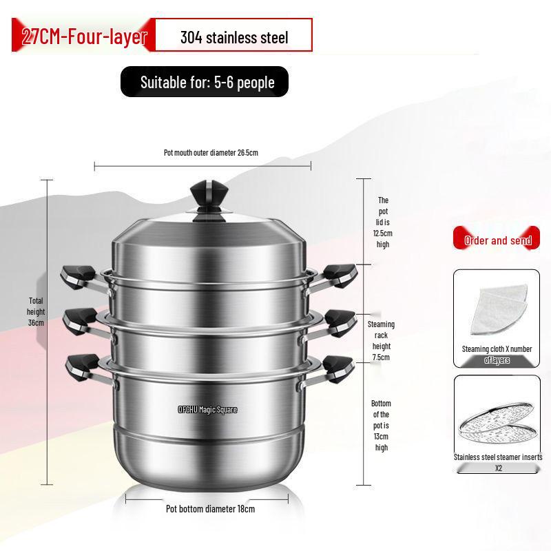 Large 304 Stainless Steel Three-Layer Household Steamer for Induction and Gas Stoves
