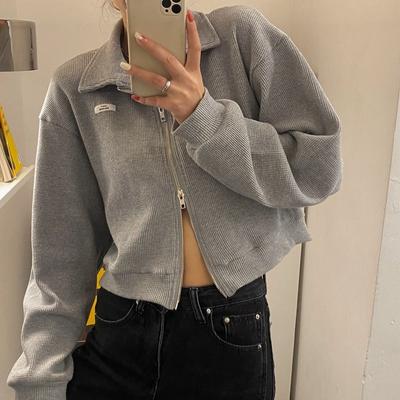 Spring Autumn Versatile Cardigan Hot Girl Cropped Top Zip Sport Waffle Knit Coat Womenswear