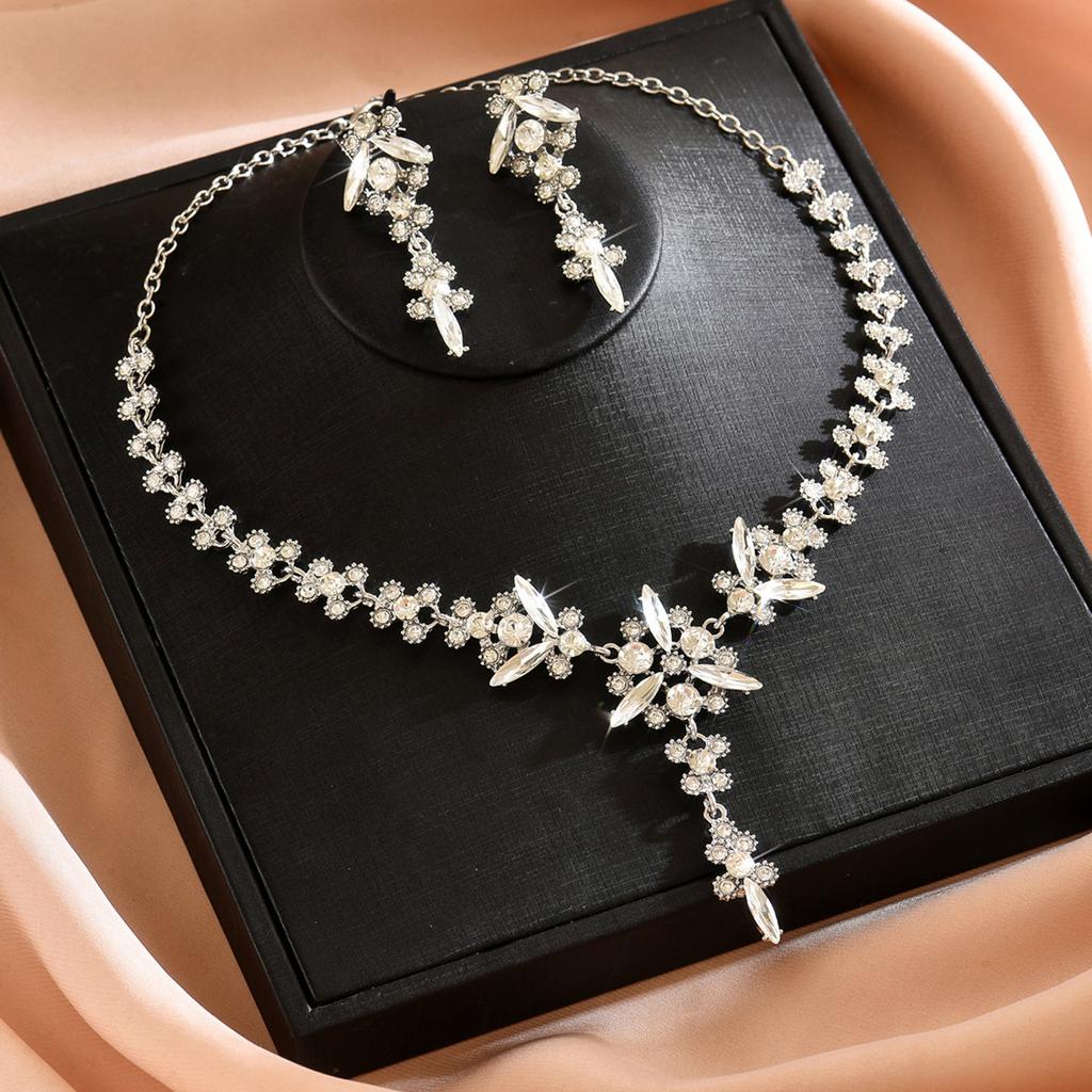 Exaggerated Atmospheric Crystal Necklace Earrings Set, Bridal Wedding Alloy Set Chain Women'S Accessories