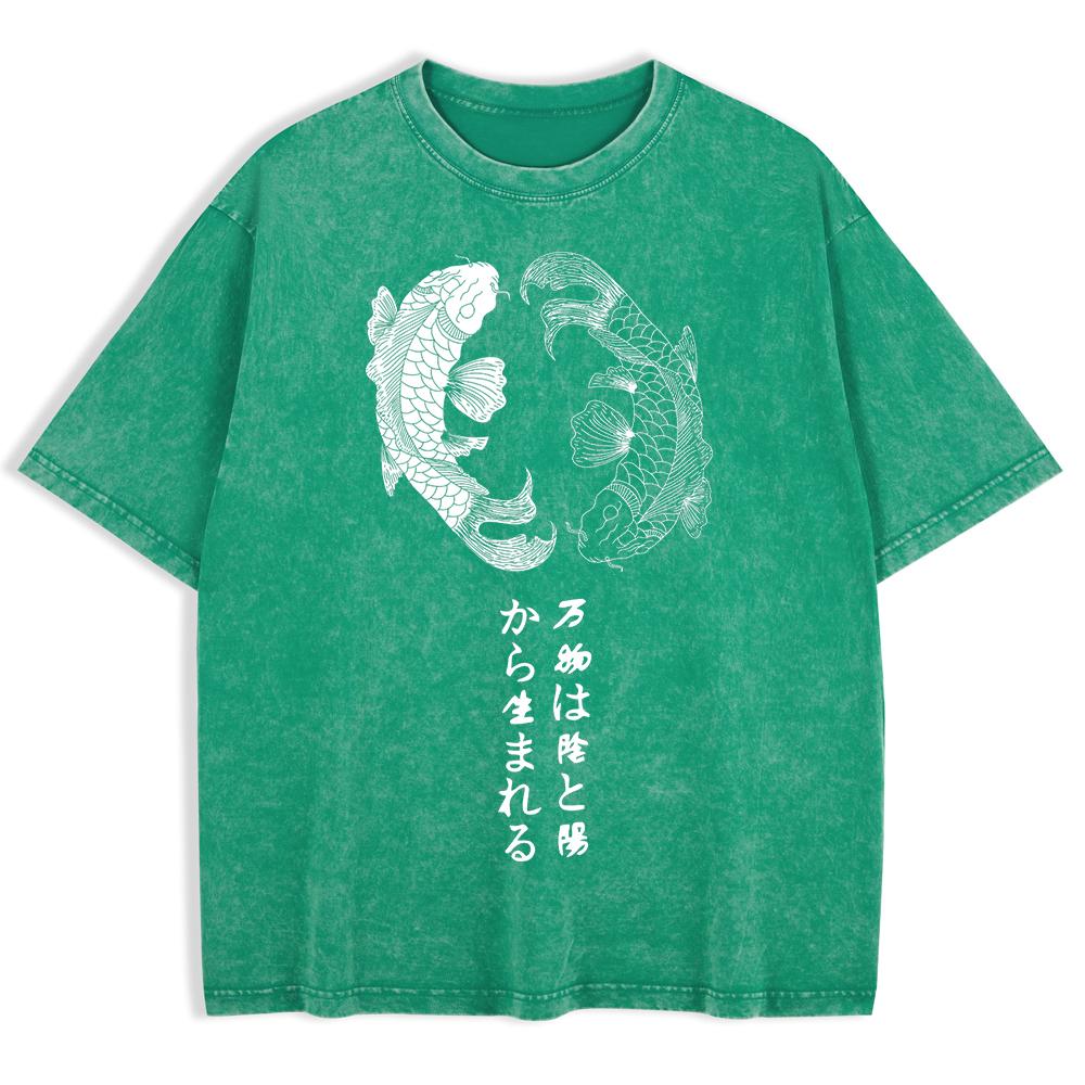 Japanese Koi Harajuku Printed Washed T-Shirts Mens Cotton Short Sleeve Tops Casual O-Neck Oversize T Shirt Soft Clothes