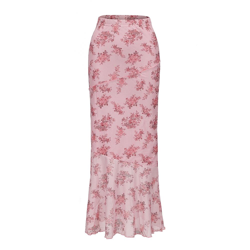 Summer 2024 Mesh Print Double-Layer Fishtail Skirt