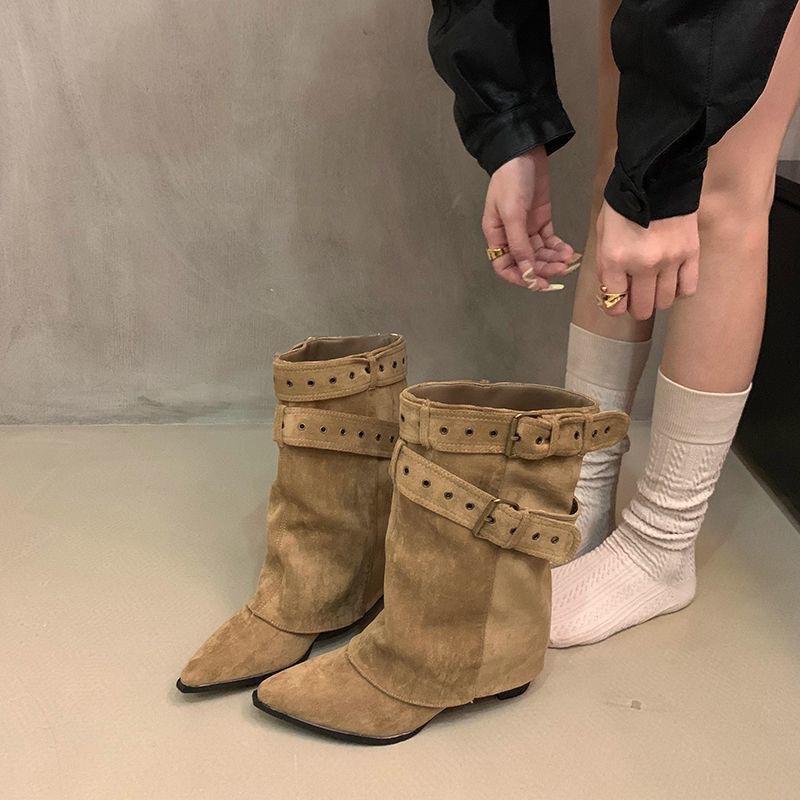 Bottes mi-mollet à tempérament rétro nouvelles bottes d'hiver pointues style cowboy western boucle de ceinture bottes pantalon