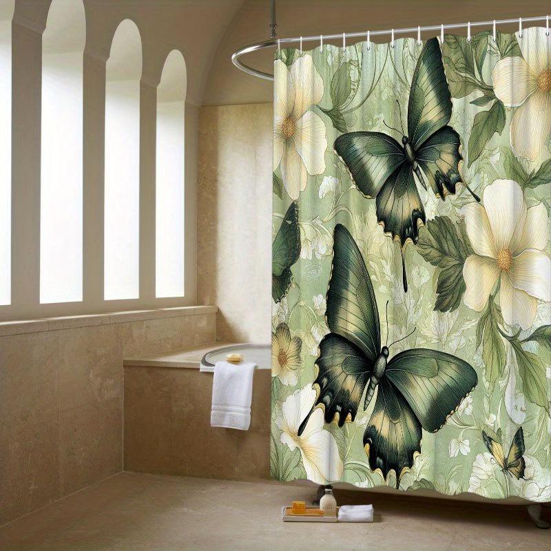 

1pc Shower Curtain - Elegant Butterflies and White Flowers Design for a Serene Bathroom Waterproof W90XH180cm