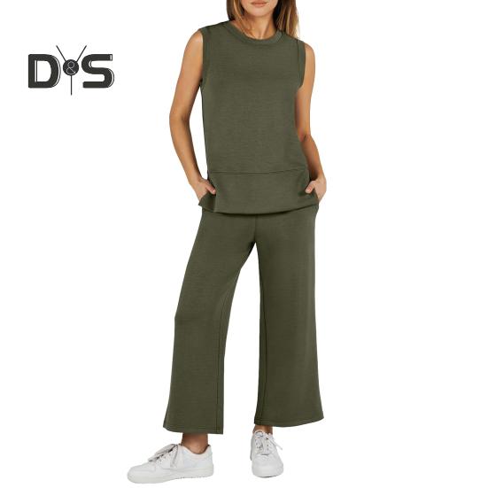 2-teiliges Oberteil- und Hosenset für Damen, einfarbig, Rundhalsausschnitt, ärmellos, Seitenschlitz, lockere Weste, weites Bein, Seitentaschen, Hose für den Alltag, Pendeln, Urlaubsoutfit