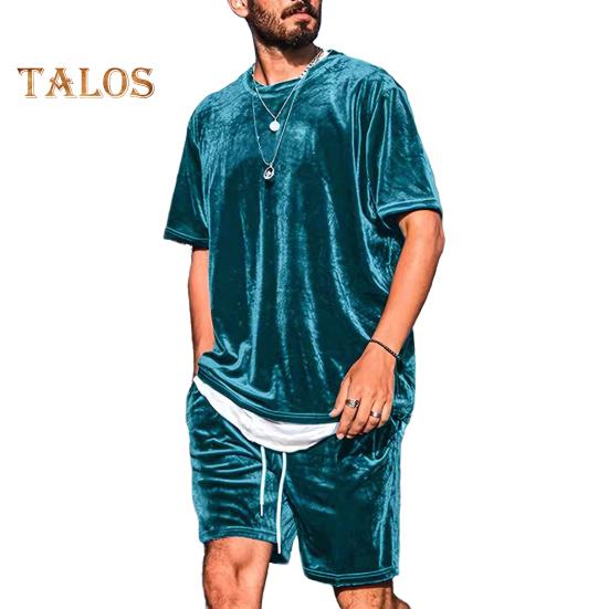 

Комплект из 2 предметов мужской одежды: топы с круглым вырезом и короткими рукавами, шорты на завязках на талии, однотонный бархатный уличный костюм XXL