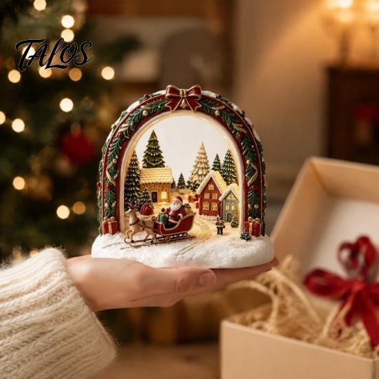 Christmas Tree Wooden Figurines Tabletop Decor with Warm LED Lights, 2D Printed Snow Village Scene Decorative Church And Sleigh Sets Santa Reindeer