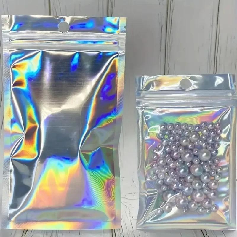 100-piece Holographic Bag, Multi-size Laser Rainbow Pattern Self-sealing Bag, Suitable for Candy Bag and Front Window Samples