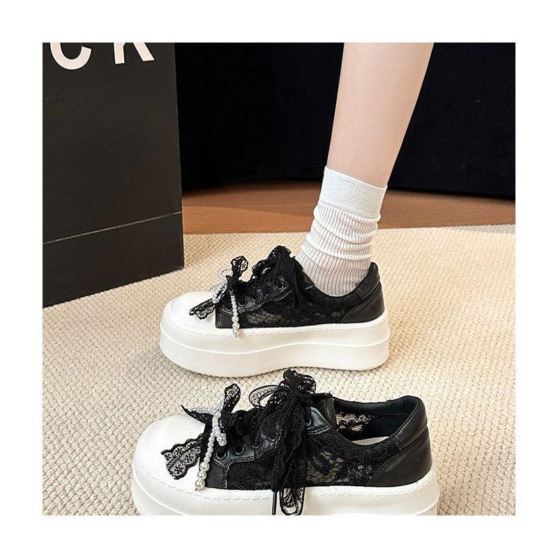 Thick-soled Heightening Little White Shoes Women's Spring New Shoes Pearl Lace-up Bow Casual Shoes Lace Mesh Tide
