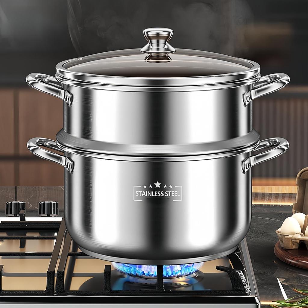 Stainless Steel Double Layer Soup Pot and Steamer for Gas & Induction Cooktops