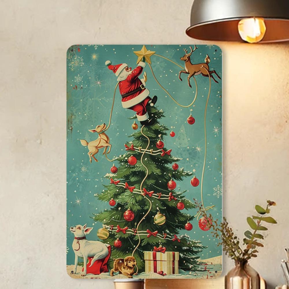 2D Flat Vintage Naughty Santa On Tree Metal Sign - Durable Iron Wall Art, Festive Christmas Decor for Home Office Cafe Garden