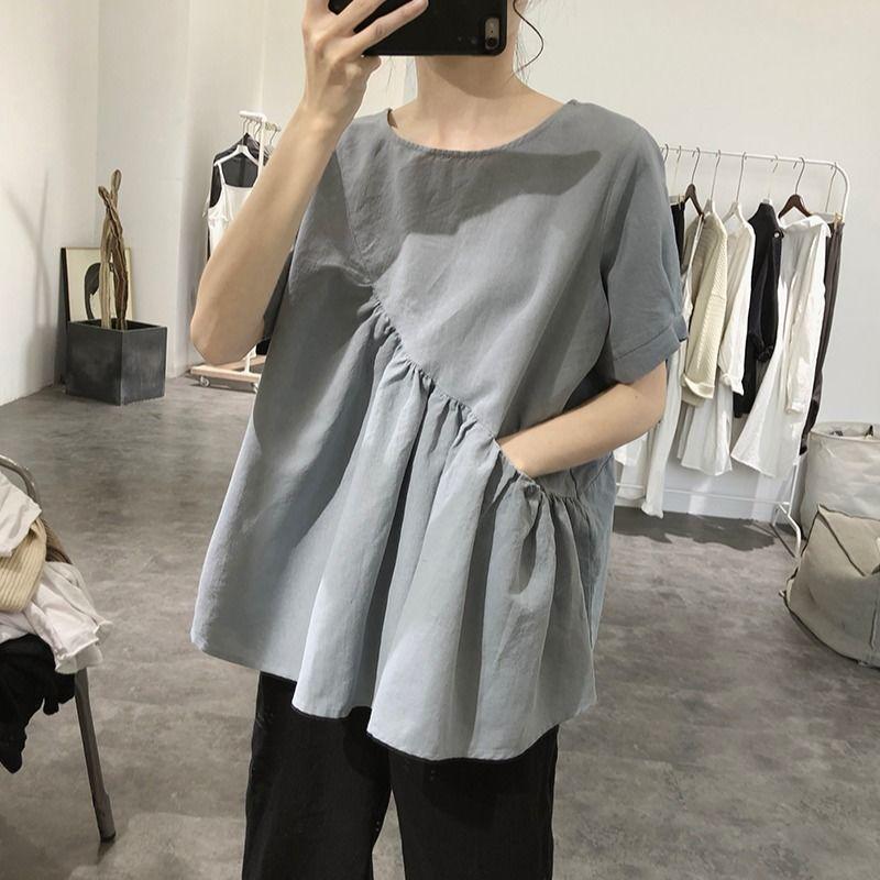 Plus Size Women's Korean Irregular T-shirts Summer Casual Loose Round Neck Short Sleeves Tops