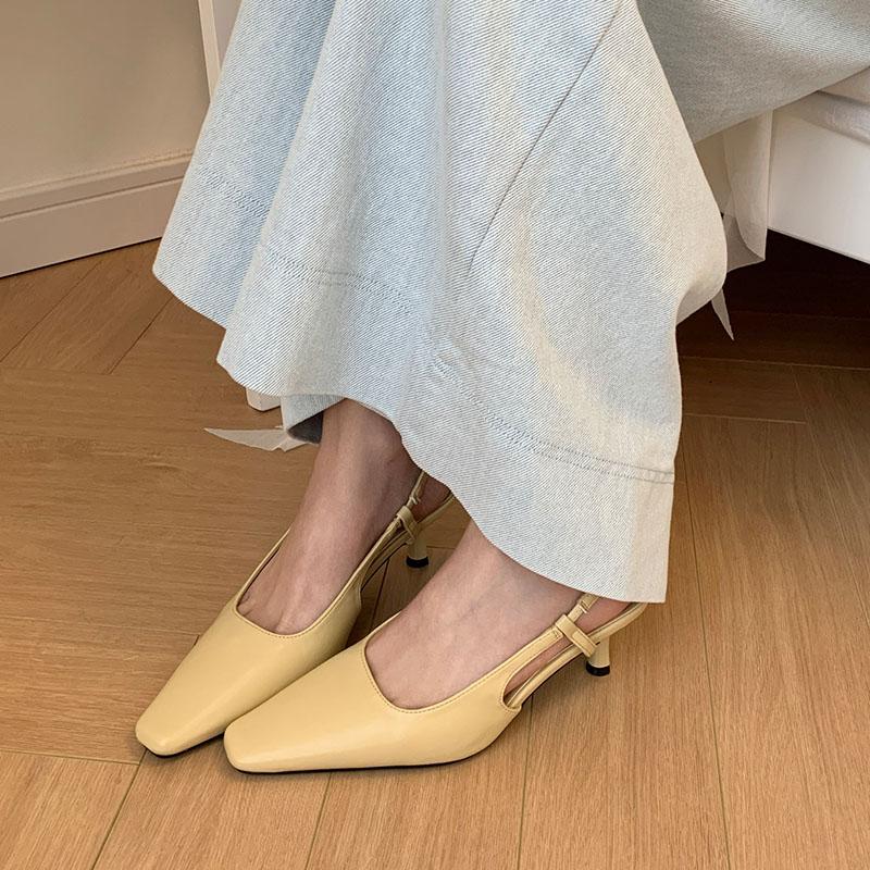 Fashion Fashion Square Toe Female Slip On Footwear Medium Heels Pumps Shoes For Women Slingbacks Shallow Ladies Thin Heels Shoes
