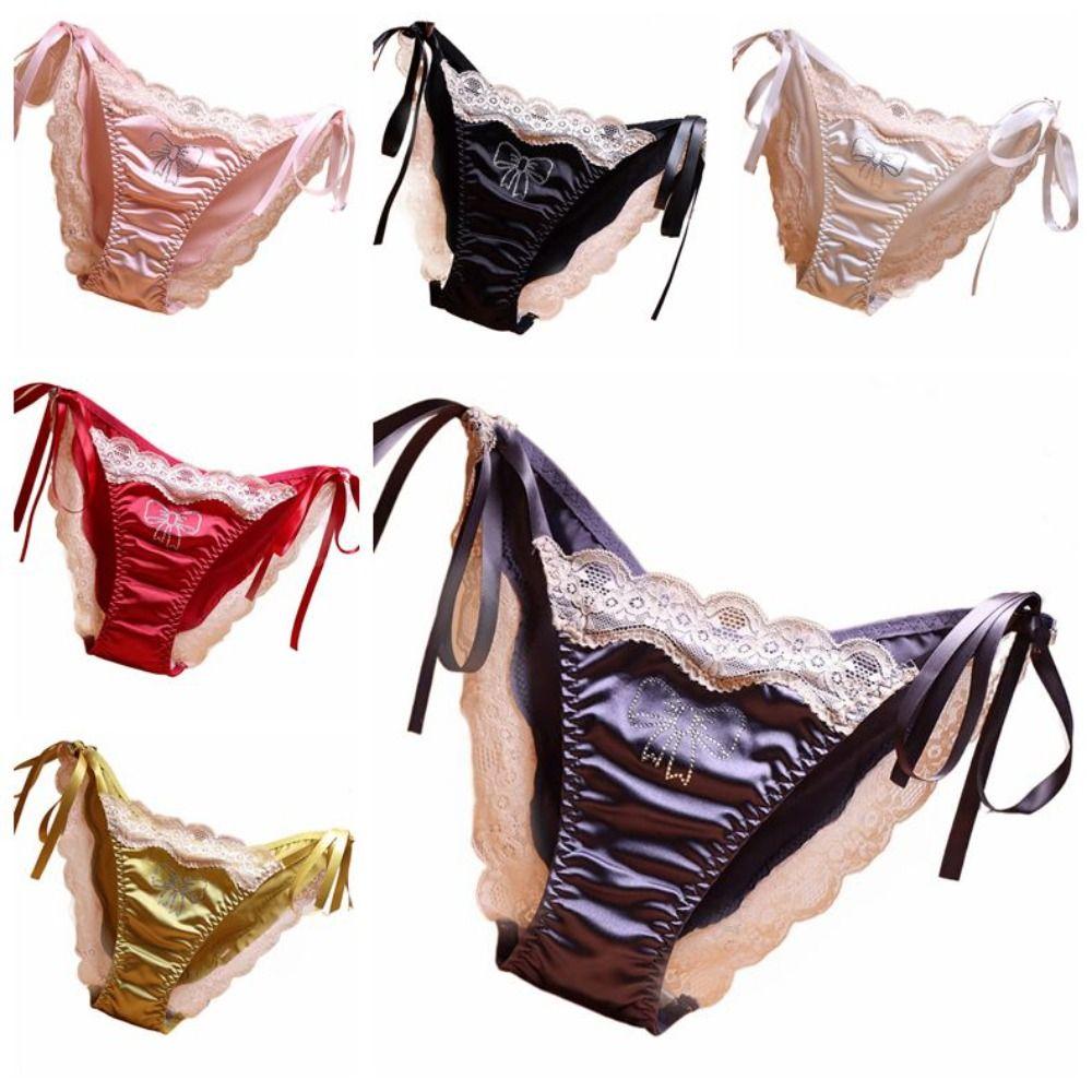 Crystal Bow Rhinestone Satin Panties Ice Silk Lace Briefs for Women Sweet Lace Tie Panties  Girl