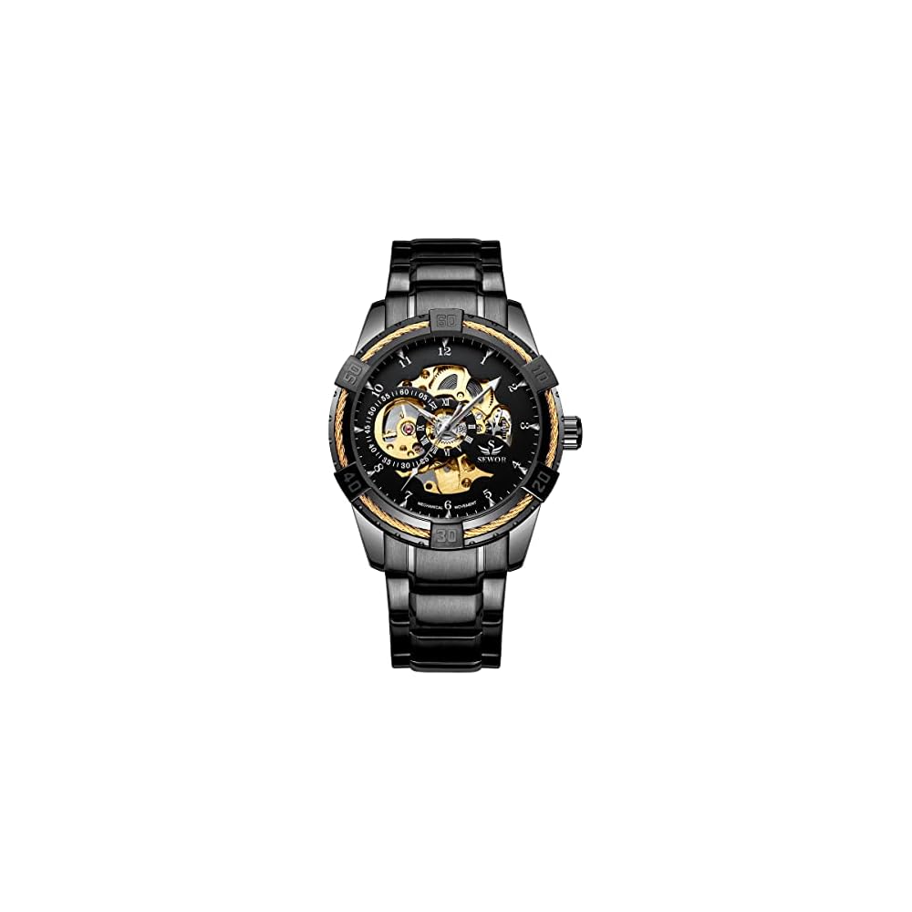 Men's Mechanical Skeleton Watch Black Stainless Steel Band Fashion Business Automatic Punk Style