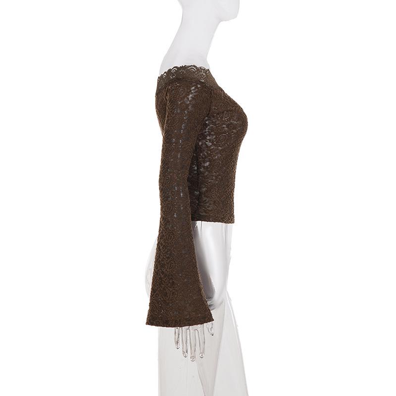 Melaleuca Brown One-Shoulder Lace Bell Sleeve Slim-Fit T-Shirt